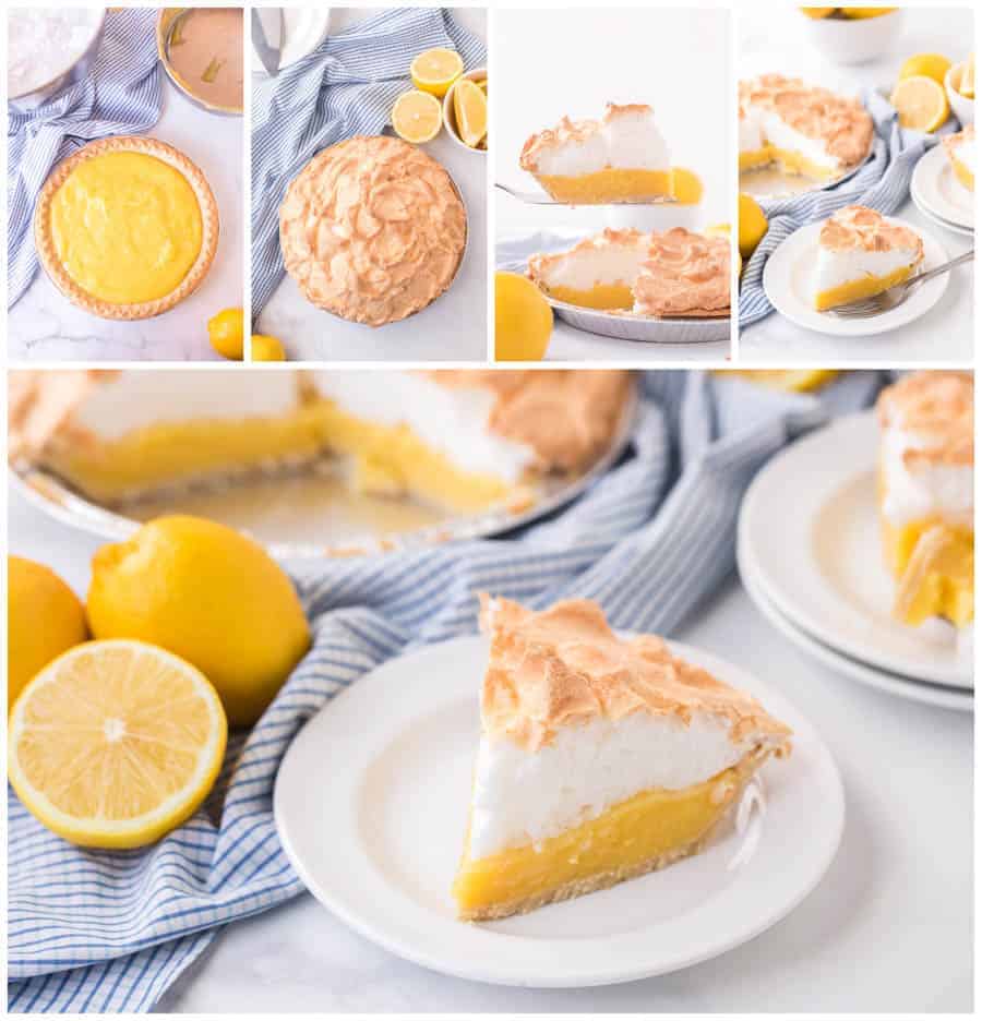 collage image of lemon meringue pie slices with lemons and blue checkered towel