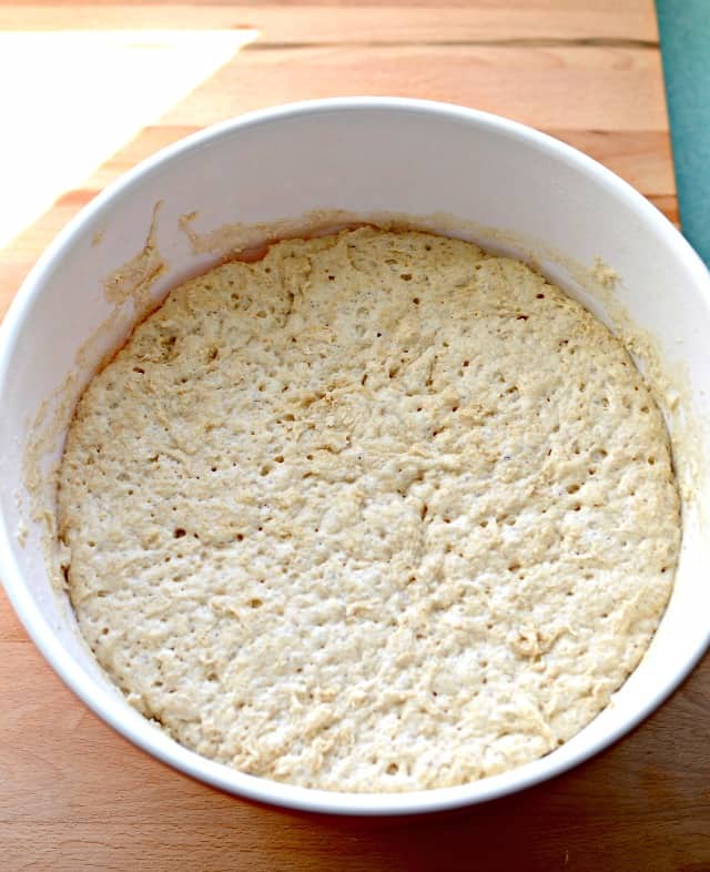 Bowl of no-knead bread dough after it has rested.