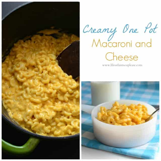 Creamy One Pot Macaroni and Cheese and a white bowl of macaroni and cheese on a blue and white plaid cloth.
