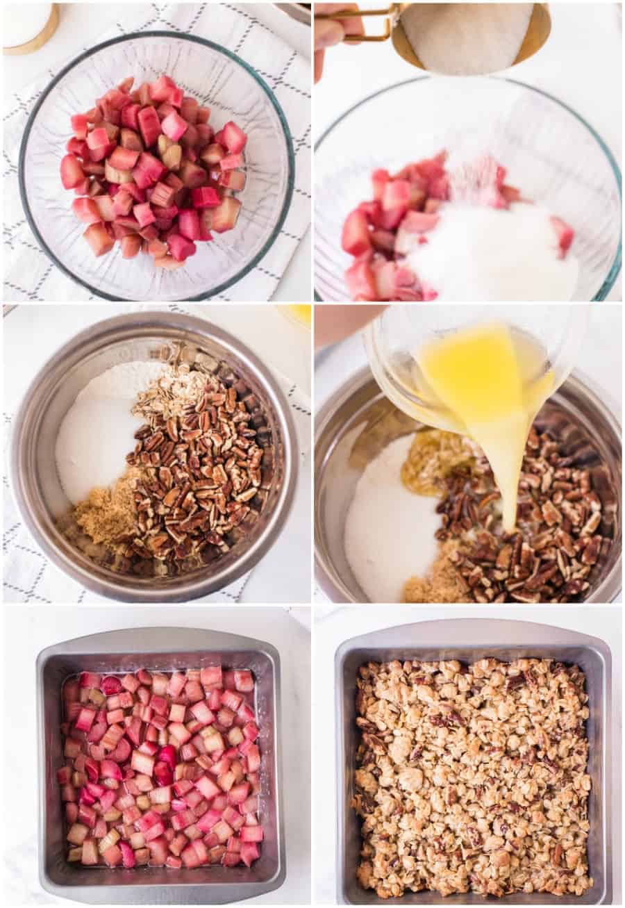 collage image of how to make homemade rhubarb crisp