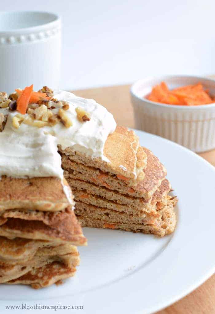 Whole Grain Carrot Cake Pancakes with Maple Cream Cheese Whipped Cream (naturally sweetened too!)