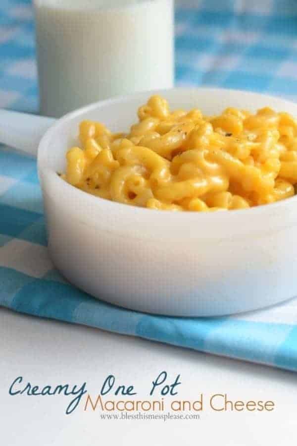 Title Image for Creamy One Pot Macaroni and Cheese and a white bowl of macaroni and cheese on a blue and white plaid cloth