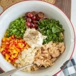 top view of ingredients for chicken salad in a bowl