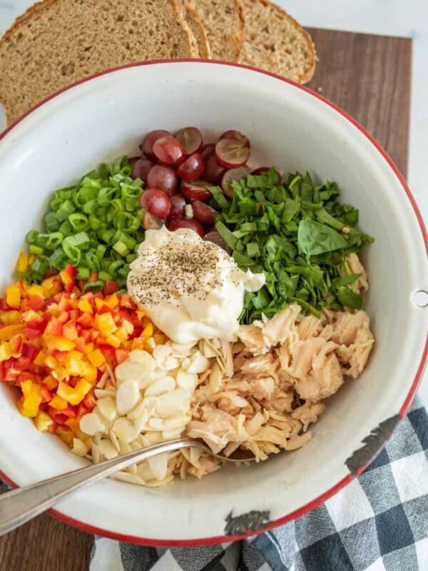 top view of ingredients for chicken salad in a bowl