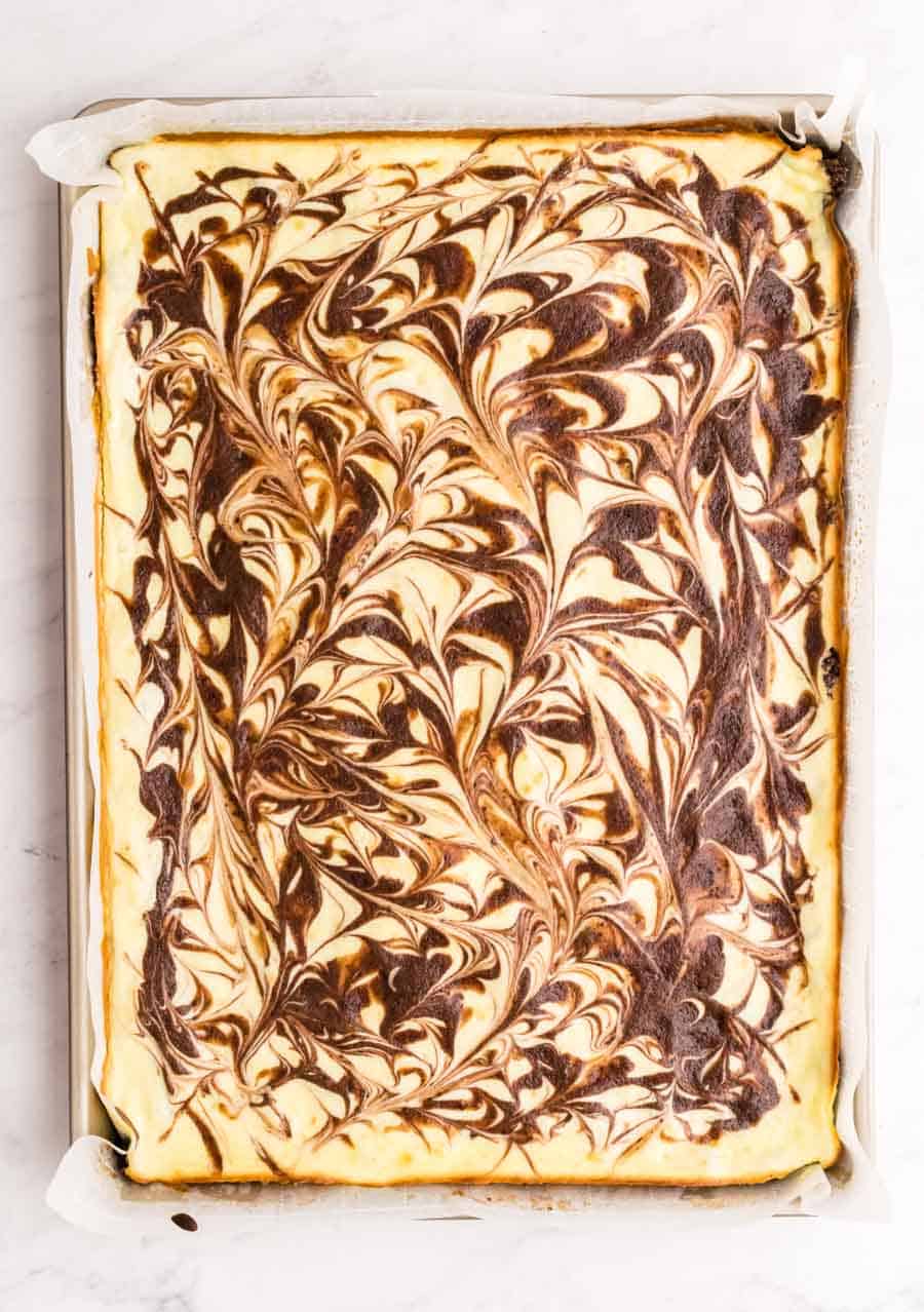 top view of a pan of cheesecake brownies