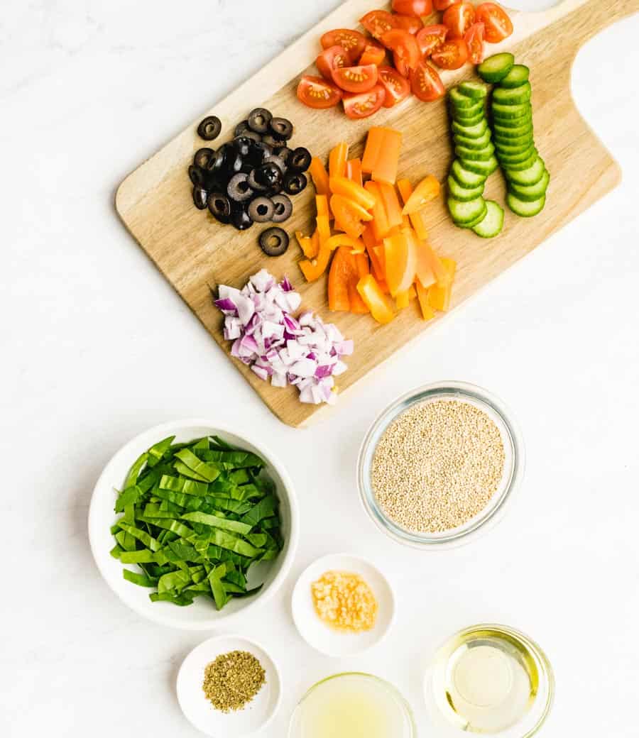 top view of ingredients for quinoa salad