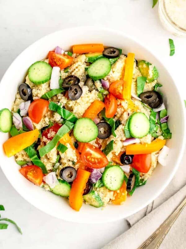 top view of a bowl of quinoa salad