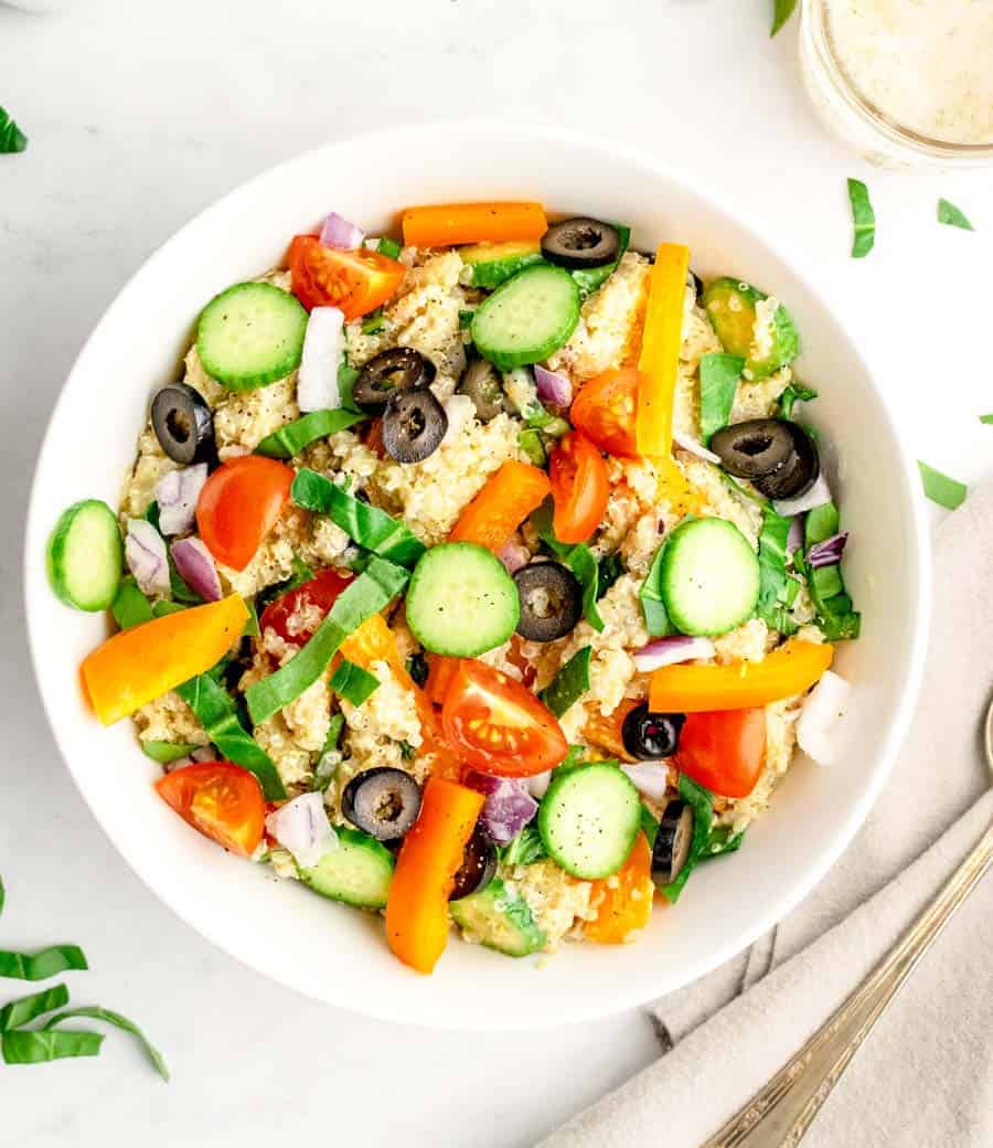 top view of a bowl of quinoa salad