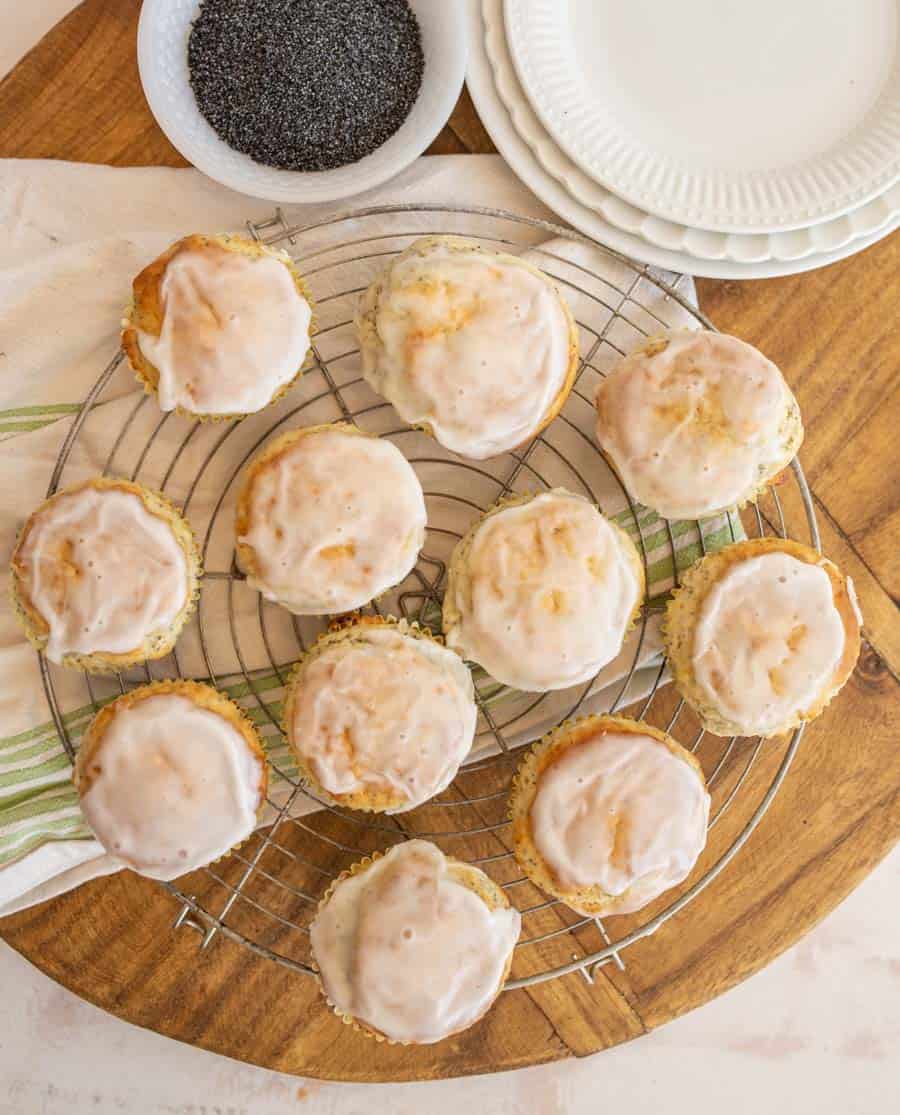 top view of lemon poppy seed muffins on a wire rack