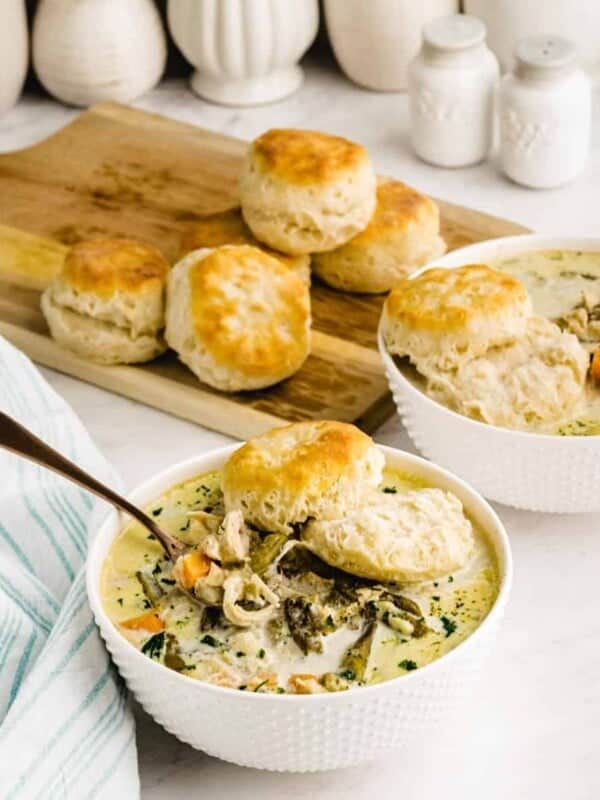 bowls of chicken pot pie with biscuits