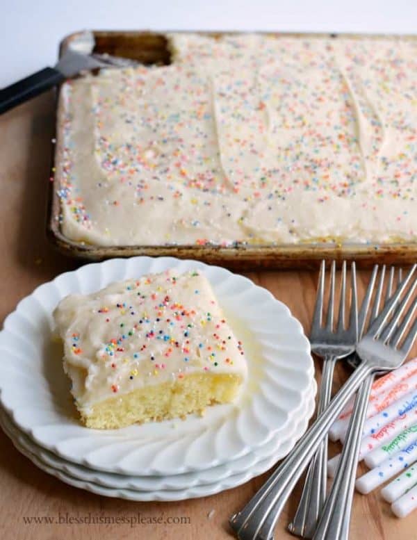 Quick Easy Vanilla Sheet Cake | Cake-Mix Recipe with Icing and Sprinkles