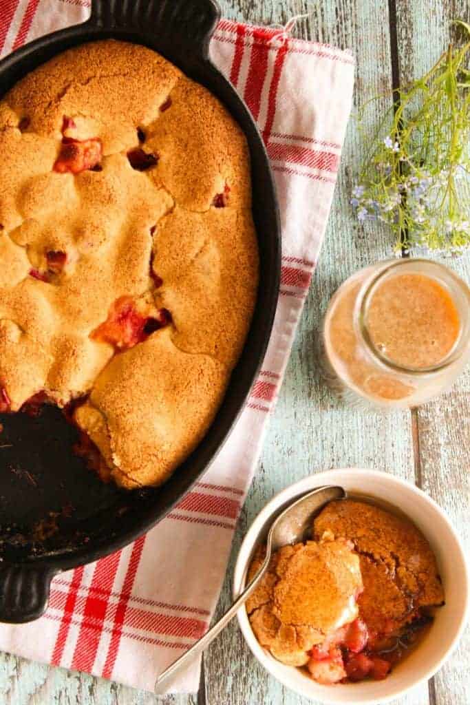 strawberry rhubarb cobbler with caramel sauce