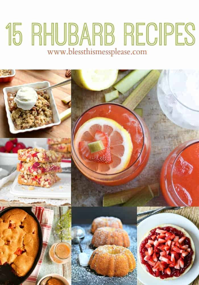 Title Image for 15 Rhubarb Recipes with six examples of rhubarb recipes for baked goods and beverages