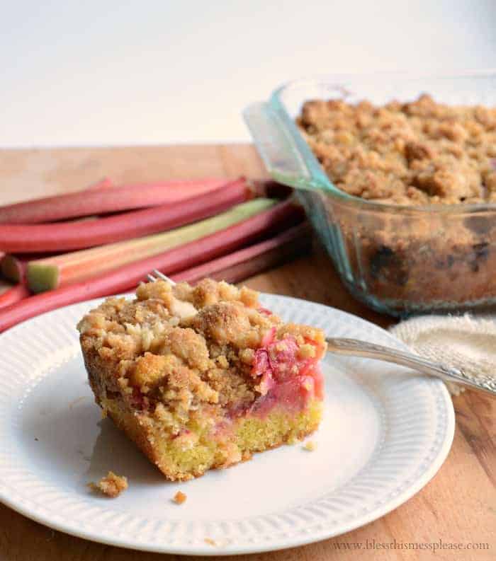 Rhubarb Crumb Bar on a white plate showing its 3 layers