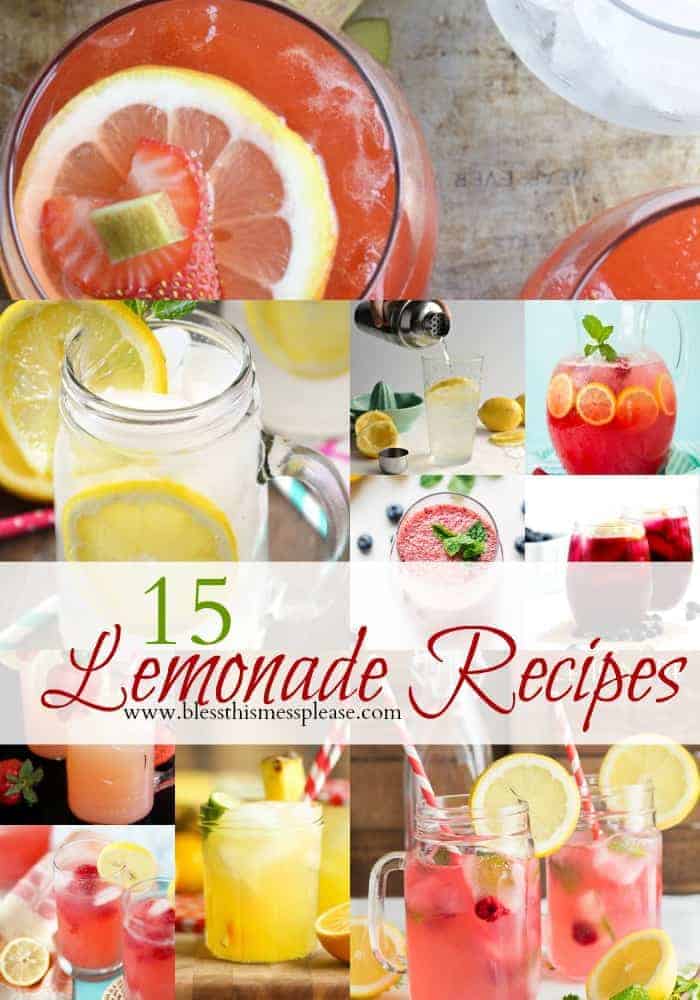 15 Luscious Lemonade Recipes (all non-alcoholic) title page with images of several different types of lemonade