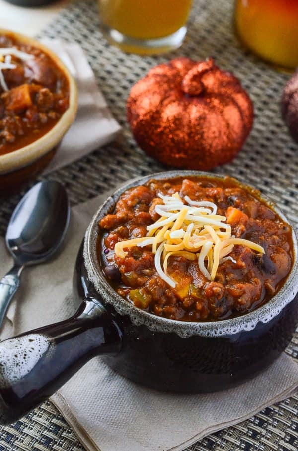 Spicy Pumpkin Sweet Potato Chili from The Crumbly Cupcake