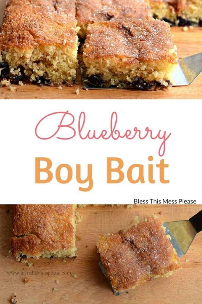 Close-up of blueberry coffee cake squares on a wooden board. Some pieces are being lifted with a spatula. The text Blueberry Boy Bait and Bless This Mess Please is displayed on the image.