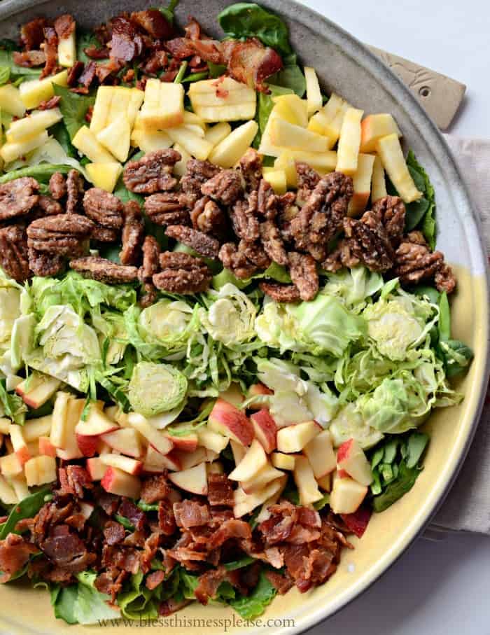 Fall Salad with Maple Candied Pecans, Bacon, Apples, and Shaved Brussels Sprouts