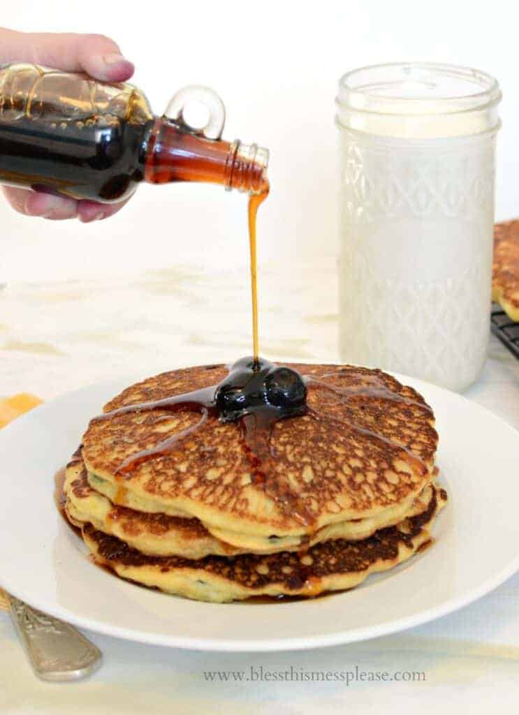 Image of Blueberry Cornmeal Pancakes with Maple Syrup