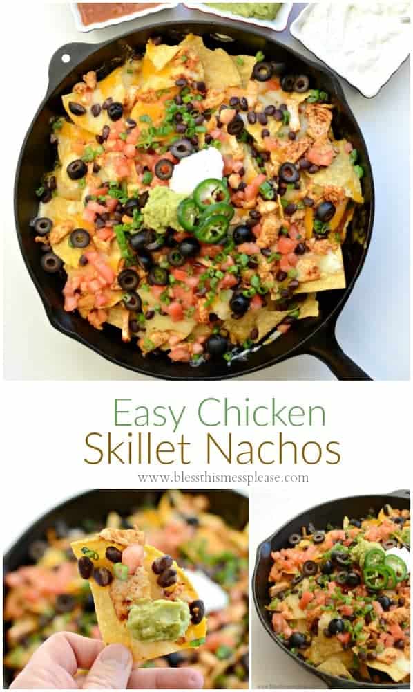 Title Image for Easy Chicken Skillet Nachos and 3 images of a cast-iron skillet of nachos topped with black beans, cheese, tomatoes, scallions, jalapenos, sour cream and guacamole