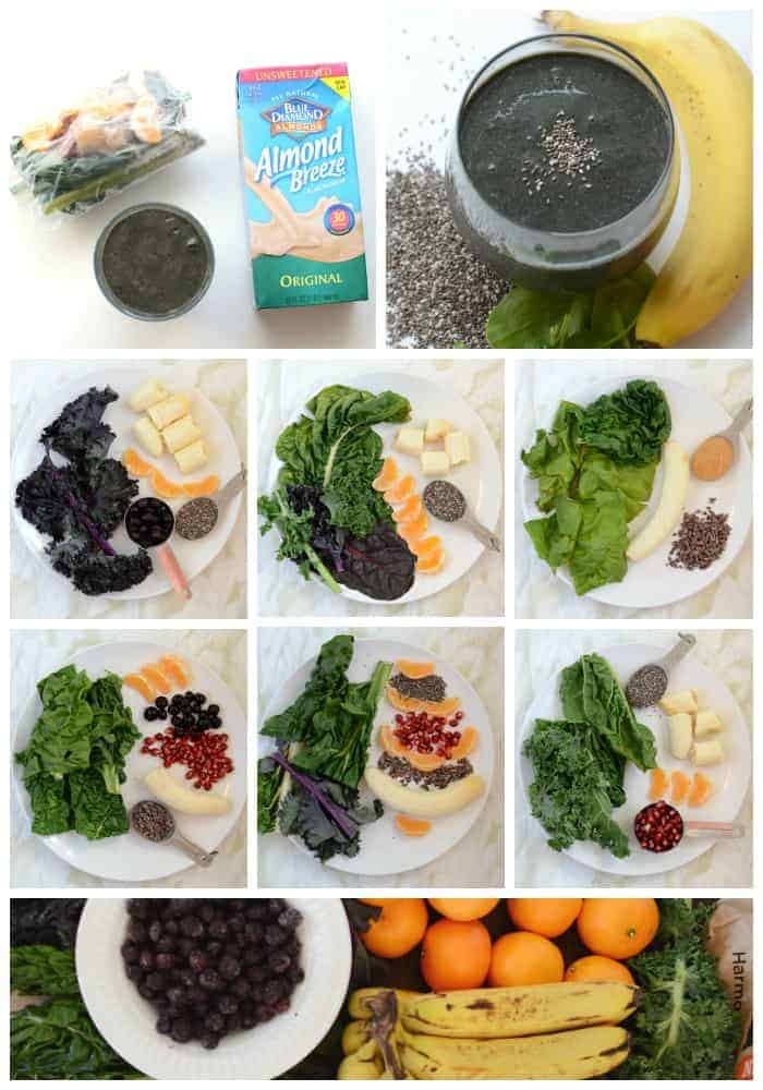 A collage of photos with smoothie ingredients including fruits, seeds, greens and almond milk