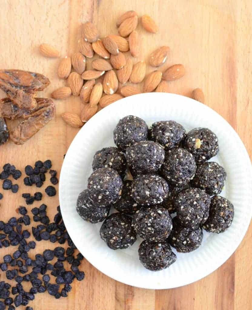 Blueberry Muffin Date Balls clean eating snack recipe that's full of protein and good fat!