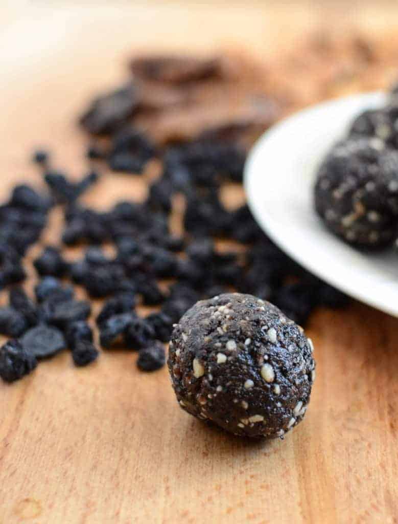 Blueberry Muffin Date Balls clean eating snack recipe that's full of protein and good fat!