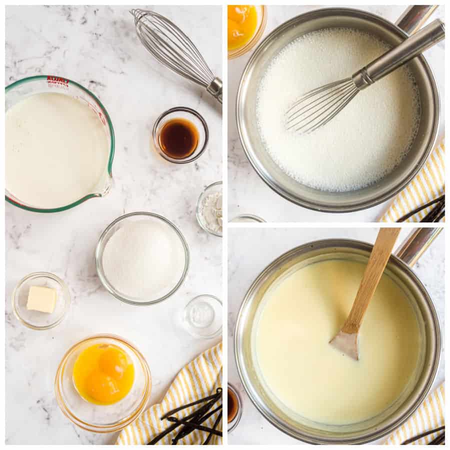 left side is a picture of ingredients for vanilla pudding, top right picture is a pot of ingredients for vanilla pudding, and bottom right picture is of a pot of vanilla pudding