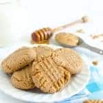 Honey Sweetened Peanut Butter Cookies made with whole wheat flour and no butter, oil, or shortening. This whole food dessert recipes is a family favorite!