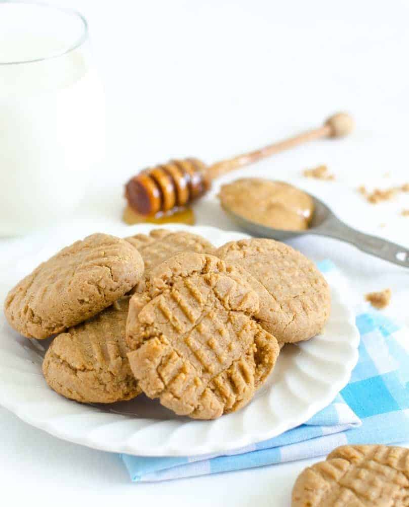 Honey Sweetened Peanut Butter Cookies made with whole wheat flour and no butter, oil, or shortening. This whole food dessert recipes is a family favorite!