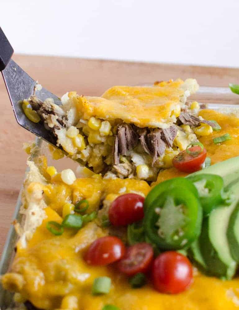 This Shredded Meat and Corn Enchilada Bake comes together quickly when you use leftover shredded meat and extra homemade green enchilada sauce. This Shredded Meat and Corn Enchilada Bake comes together quickly when you use leftover shredded meat and extra homemade green enchilada sauce.