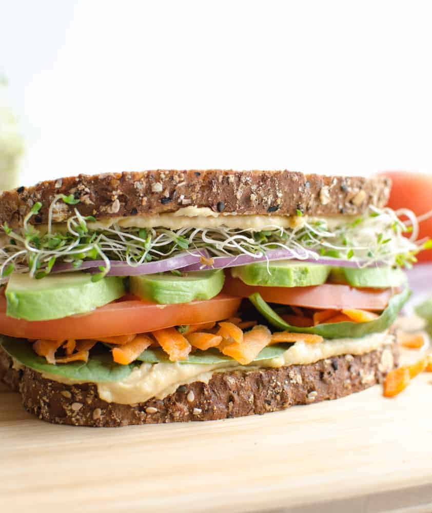 Close-up of The Ultimate Hummus and Veggie Sandwich.