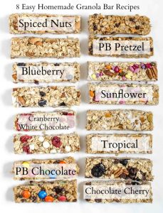 Twelve homemade granola bars in rows, each labeled with a flavor: Spiced Nuts, PB Pretzel, Blueberry, Sunflower, Cranberry White Chocolate, Tropical, PB Chocolate, and Chocolate Cherry. Text above reads “8 Easy Granola Bar Recipes.” Perfect for easy granola bar recipes!.