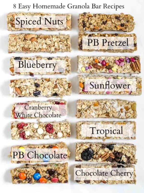 Twelve homemade granola bars in rows, each labeled with a flavor: Spiced Nuts, PB Pretzel, Blueberry, Sunflower, Cranberry White Chocolate, Tropical, PB Chocolate, and Chocolate Cherry. Text above reads “8 Easy Granola Bar Recipes.” Perfect for easy granola bar recipes!.