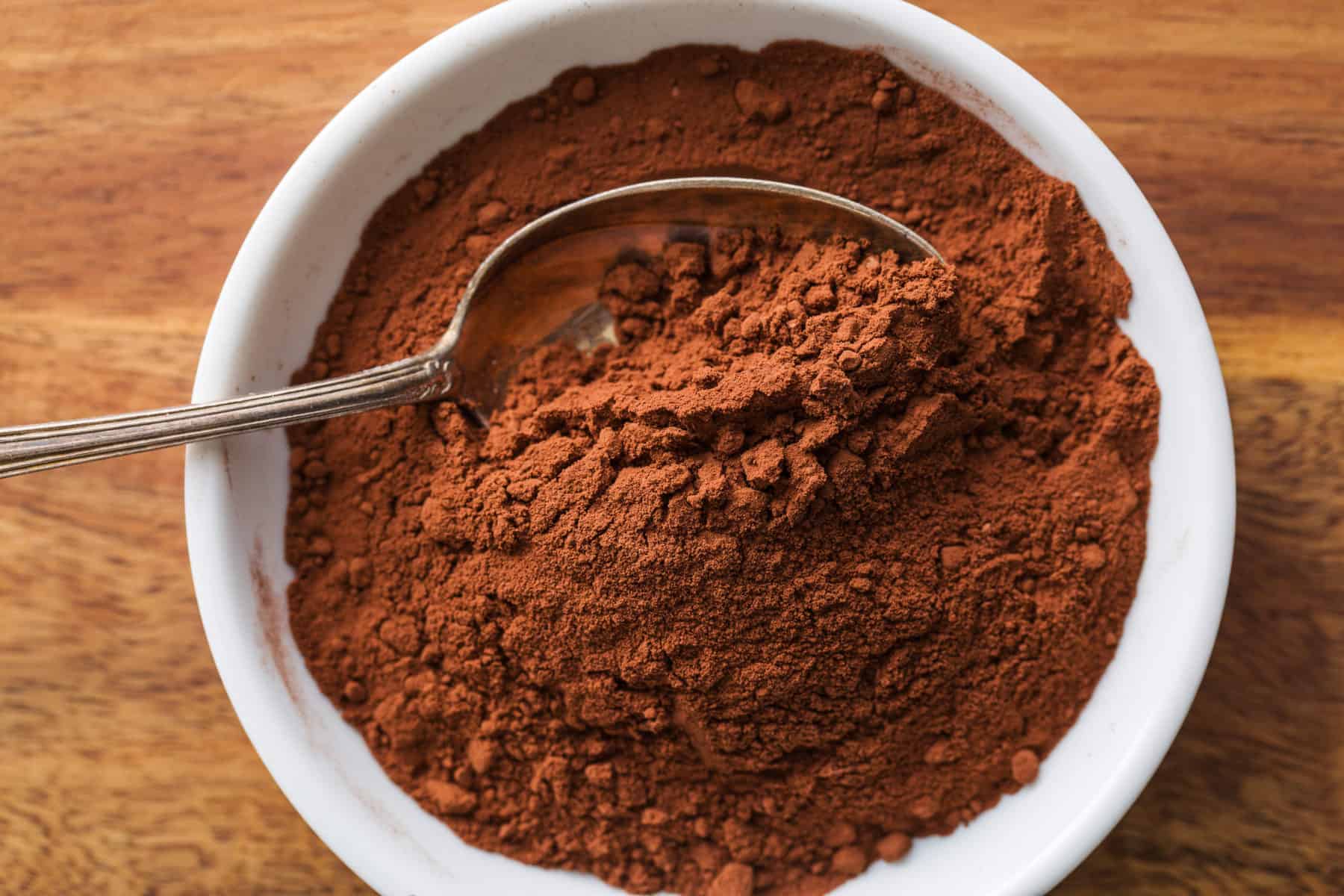 Cocoa Powder in a white dish with a spoon