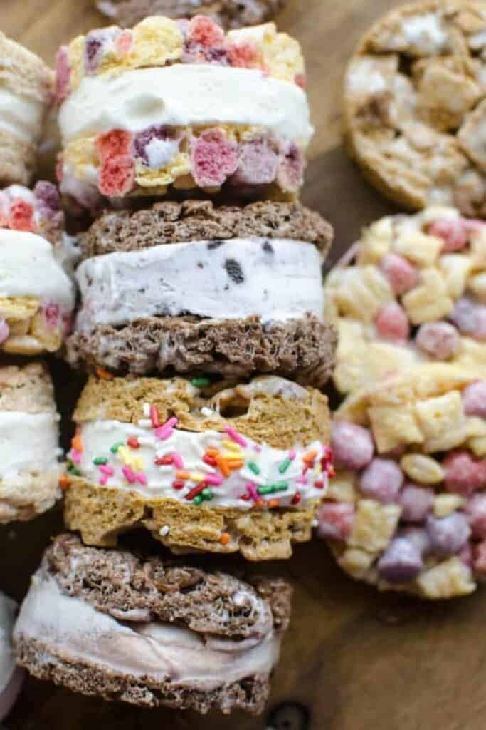 A variety of homemade ice cream sandwiches rolled in cereal