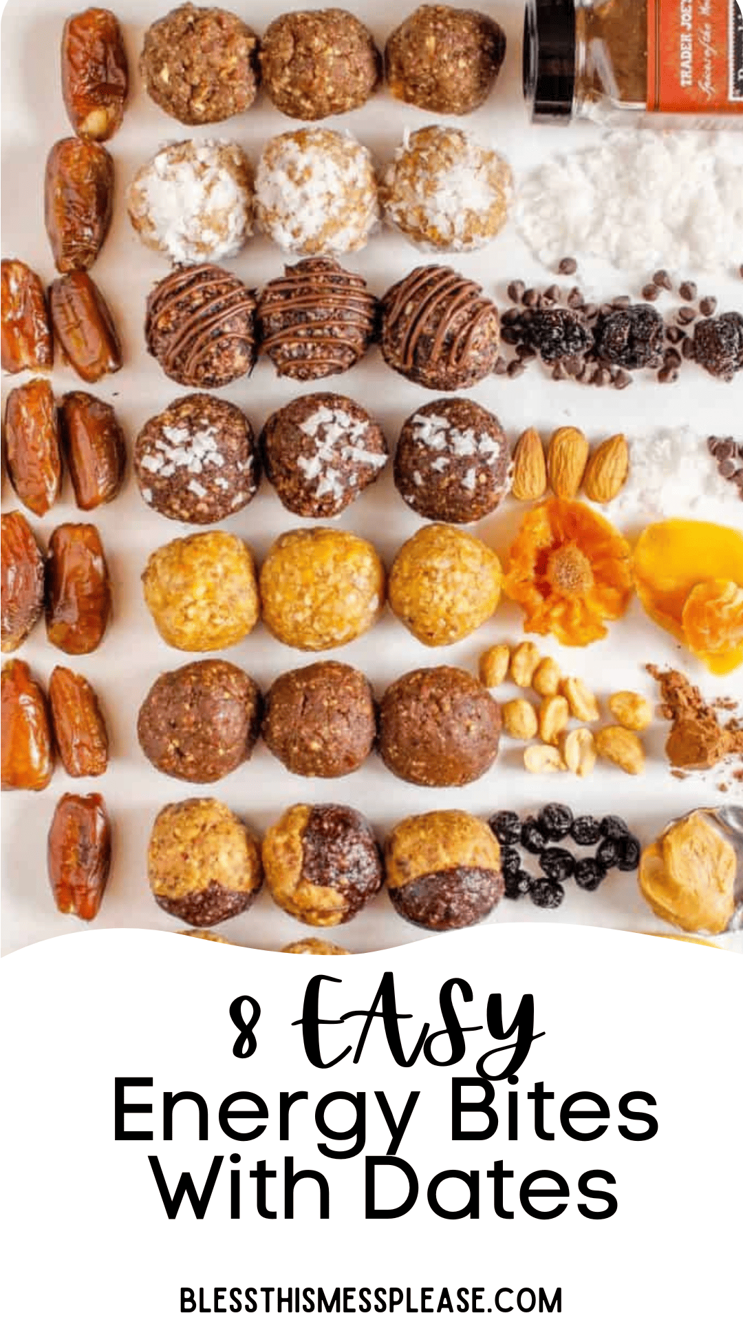 A variety of date energy balls are arranged with dried fruits and nuts on a white surface. Text reads 8 Easy Energy Bites With Dates at the bottom.