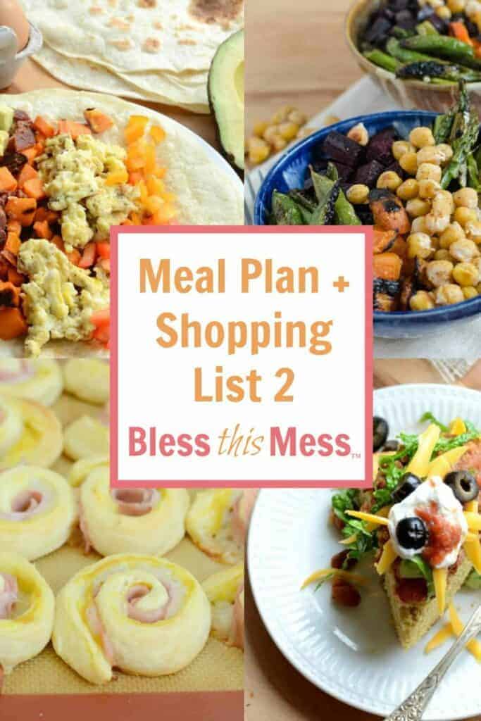 Title Image for Meal Plan + Shopping List 2 with examples of four different meals