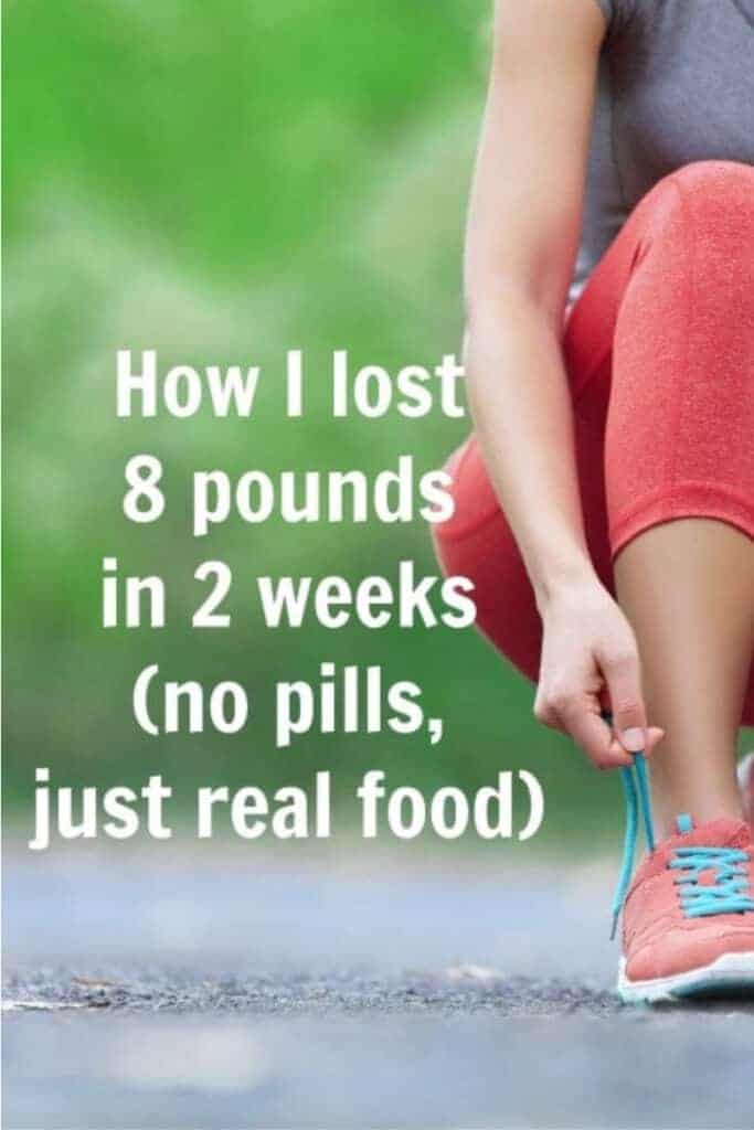 Title Image for How I lost 8 Pounds in 2 Weeks (no pills, just real food) with a green outdoor background and a woman lacing up athletic shoes