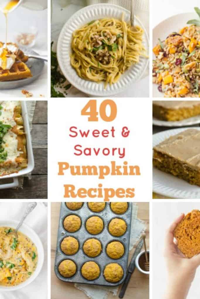 Title Image for 40 Sweet and Savory Pumpkin Recipes and eight examples of pumpkin recipes
