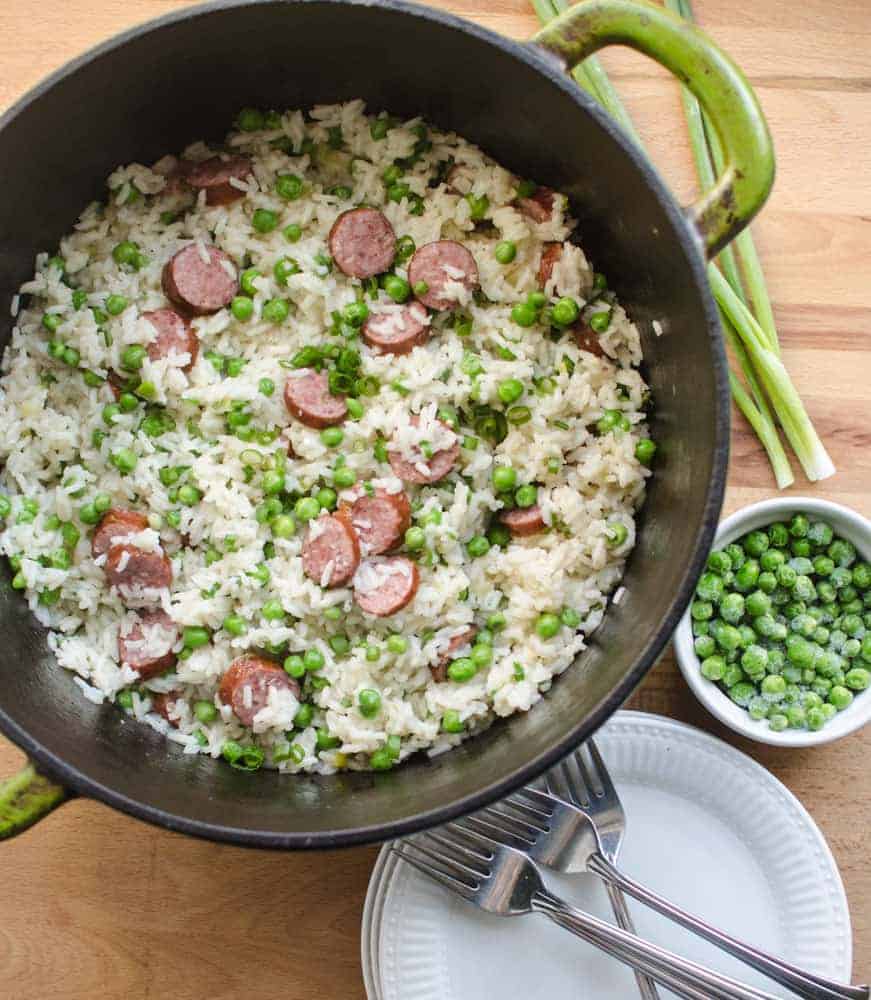 One-Pot Sausage, Rice, and Peas will be ready in under 30 minutes.