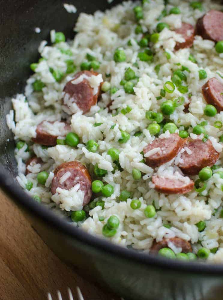 One-Pot Sausage, Rice, and Peas