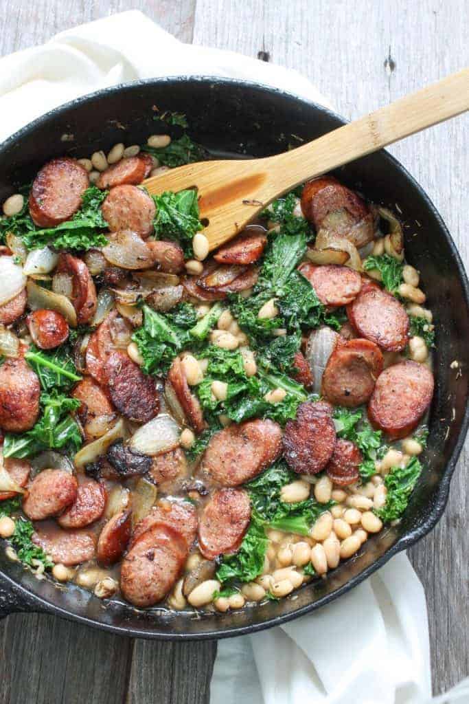 One Skillet Meals - Andouille, Greens and Beans Pan Stew