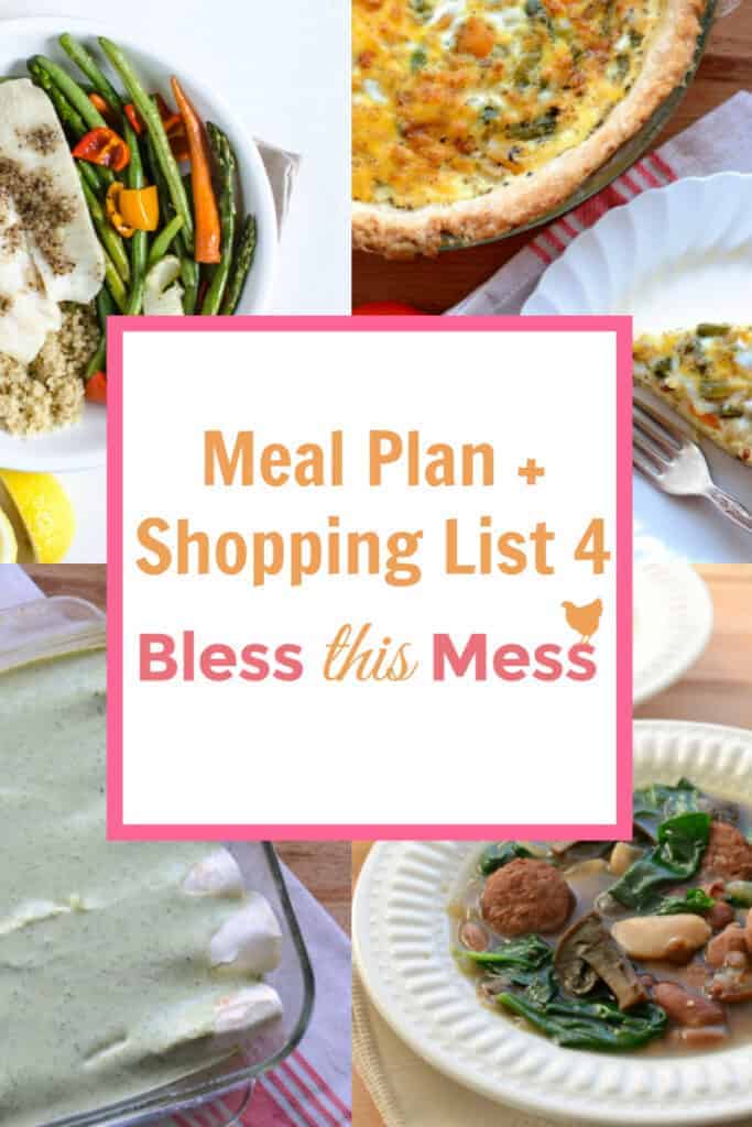 Title Image for Meal Plan + Shopping List 4 with examples of four different meals