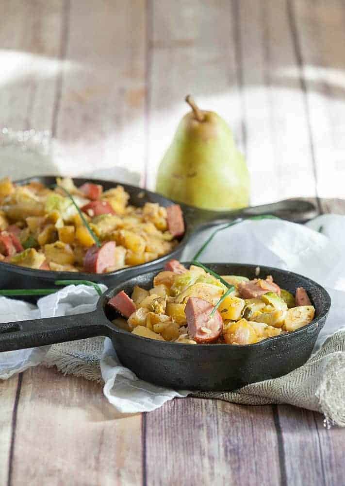 One Skillet Meals - Kielbasa, Brussel Sprouts, Potato & Pear Skillet