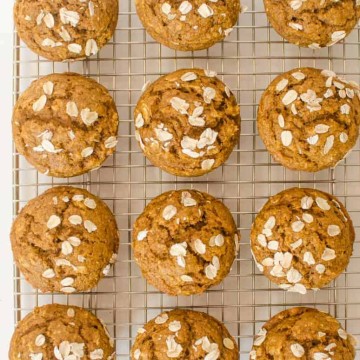 Healthy Pumpkin Muffins made with oats, real maple syrup and whole wheat flour are perfect for breakfast, snacks, or a dinner side!