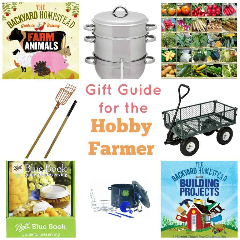 Title Image for Gift Guide for the Hobby Farmer with examples of 8 different homestead and farming themed gifts and books