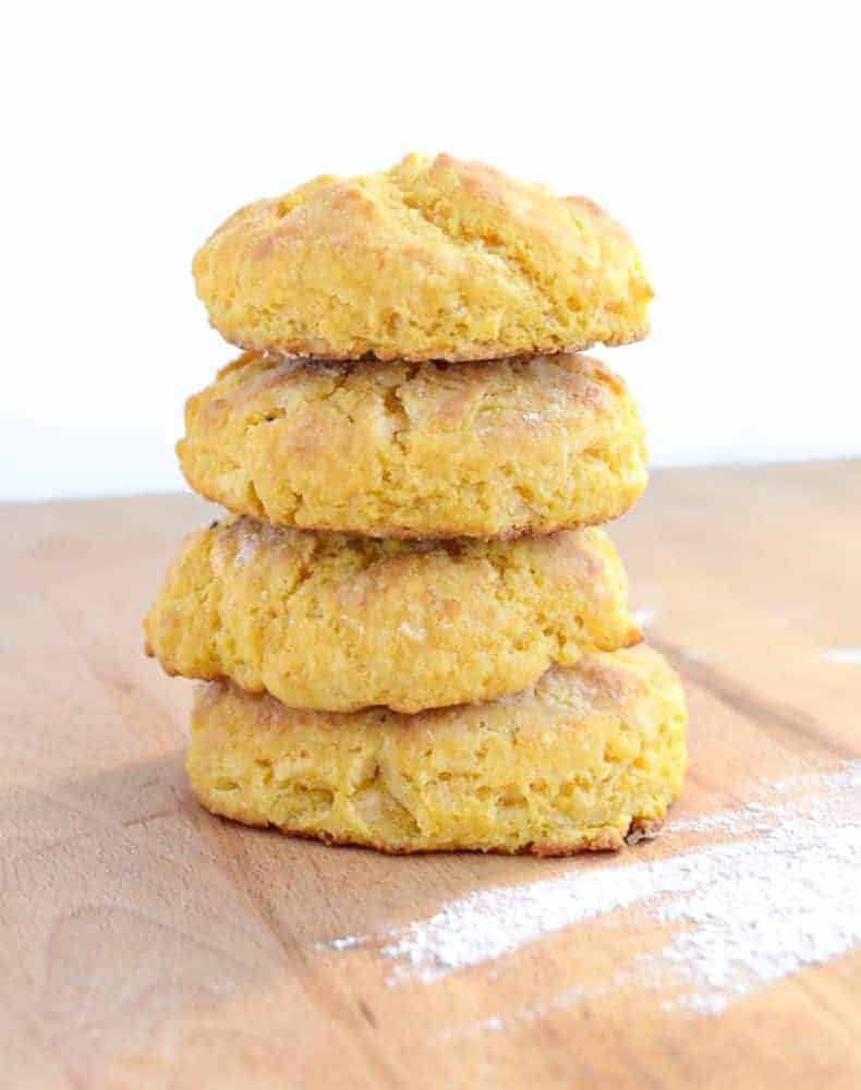 vertical stack of sweet potato biscuits showing fluffy texture