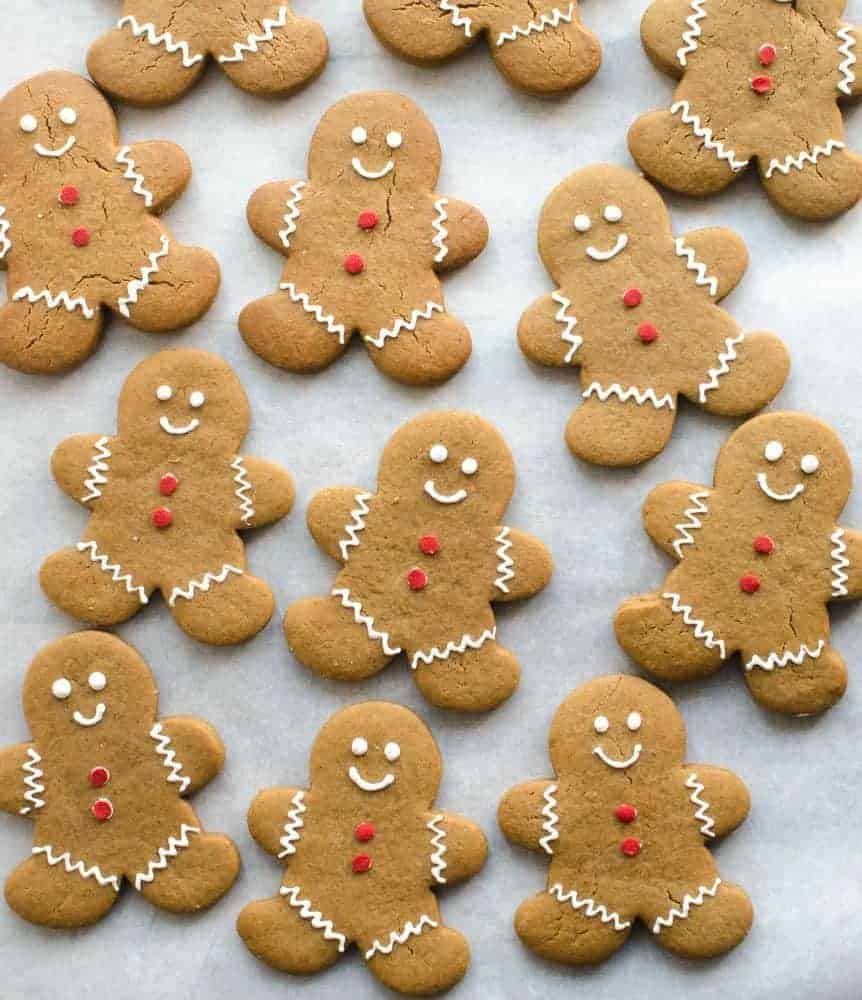 classic gingerbread man cookies decorated with smiles and red buttons