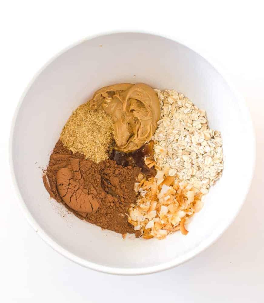Chocolate Peanut Butter Energy Bite Ingredients in a white bowl